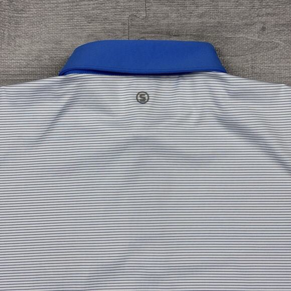 Stitch Golf Polo Shirt Mens M Blue Striped Baltusrol Logo Performance Preppy EUC - Picture 9 of 13